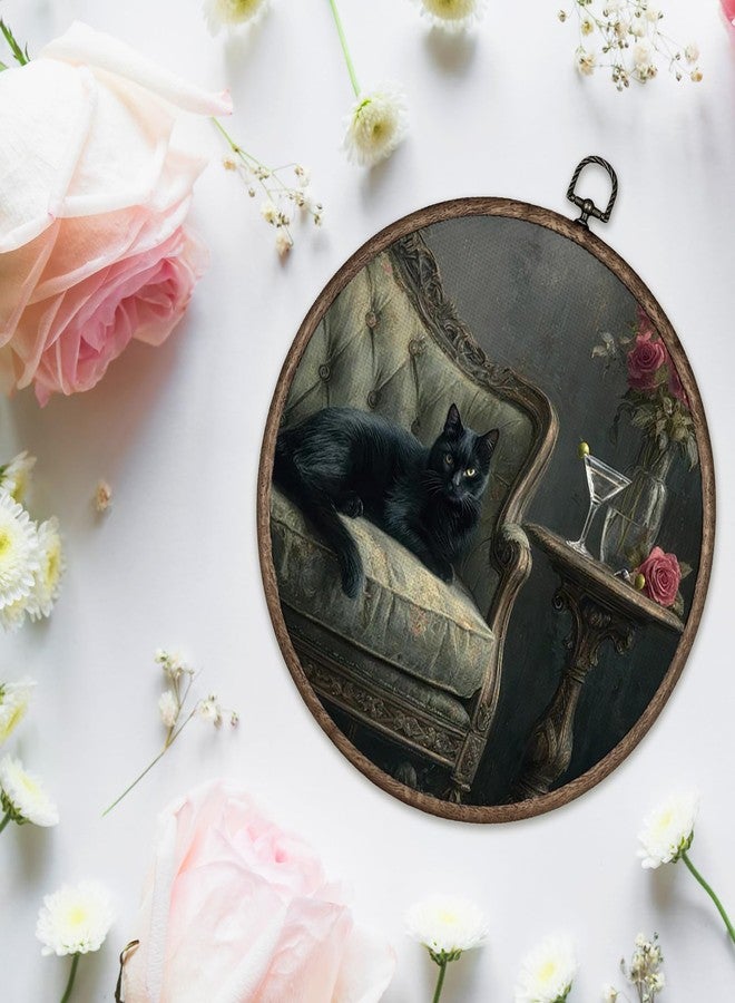 Giosve Dark Academia Black Cat Round Wall Art Canvas Framed Poster, Gothic Witchy Moody Black Cat Cocktail Martini Hanging Wall Sculptures for Home Bedroom Living Room Gallery Decor, 10x10 Inch - Image 3