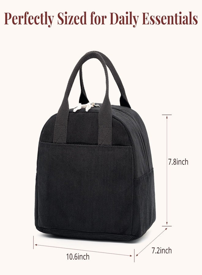 LOVELYWIND Insulated Black Lunch Bag for Men Women, Stylish Corduroy Tote with Aluminum Lining, Large Capacity Reusable Cooler for Work, Travel, Beach or Picnic, Soft Black Water-Resistant Lunch Box - Image 3
