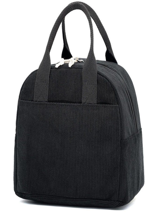 LOVELYWIND Insulated Black Lunch Bag for Men Women, Stylish Corduroy Tote with Aluminum Lining, Large Capacity Reusable Cooler for Work, Travel, Beach or Picnic, Soft Black Water-Resistant Lunch Box - Image 1