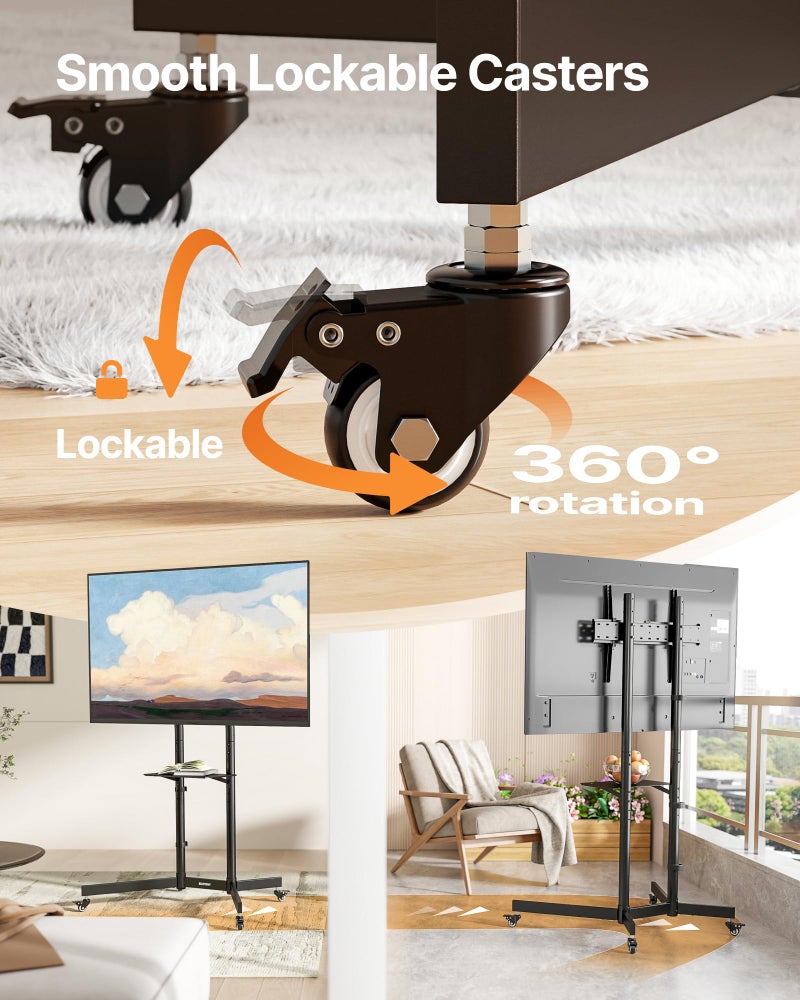 ECOTINY Heavy-Duty Rolling TV Stand for 32â€“85" Screens â€” Supports 187 lbs (154 lbs TV + 33 lbs Shelf), Stable Mobile TV Cart with Storage Tray & Locking Wheels, Floor TV Stand, Max VESA 600x400, Black - Image 4