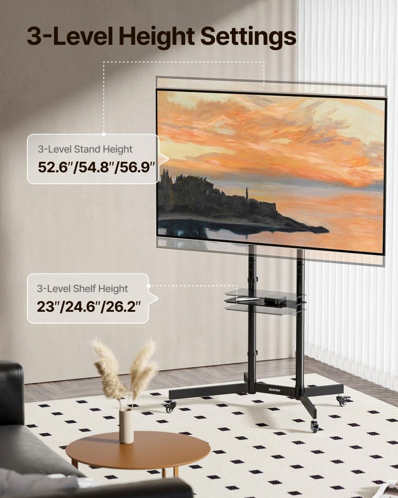 ECOTINY Heavy-Duty Rolling TV Stand for 32â€“85" Screens â€” Supports 187 lbs (154 lbs TV + 33 lbs Shelf), Stable Mobile TV Cart with Storage Tray & Locking Wheels, Floor TV Stand, Max VESA 600x400, Black - Image 2