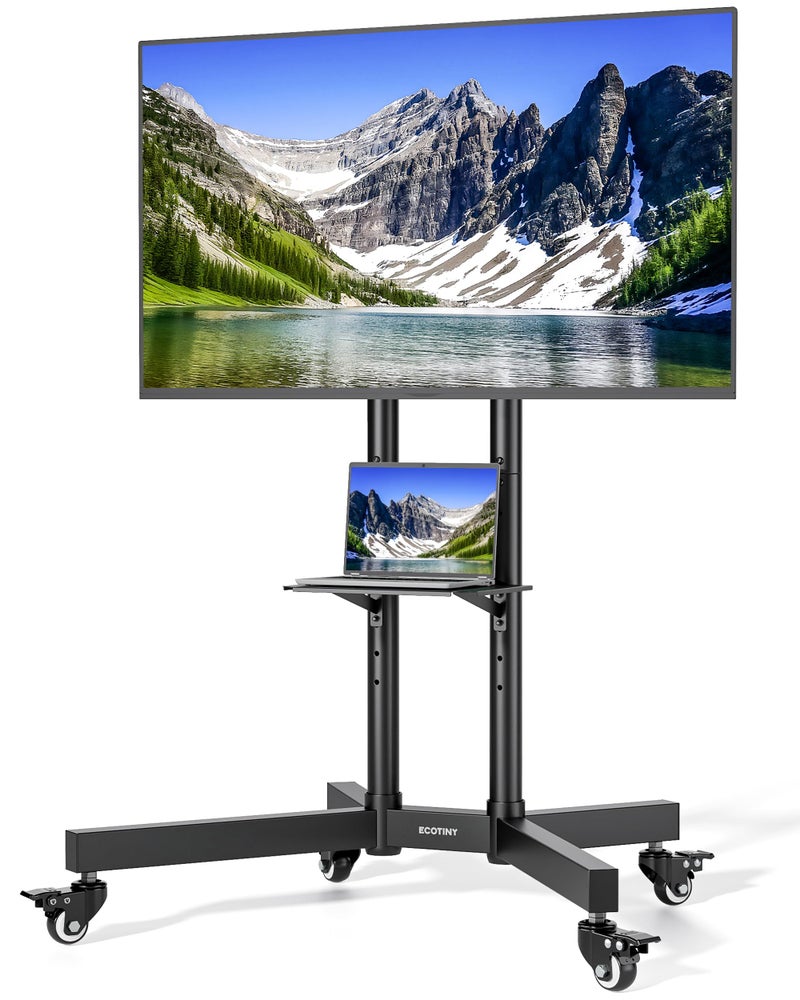 ECOTINY Heavy-Duty Rolling TV Stand for 32â€“85" Screens â€” Supports 187 lbs (154 lbs TV + 33 lbs Shelf), Stable Mobile TV Cart with Storage Tray & Locking Wheels, Floor TV Stand, Max VESA 600x400, Black - Image 1