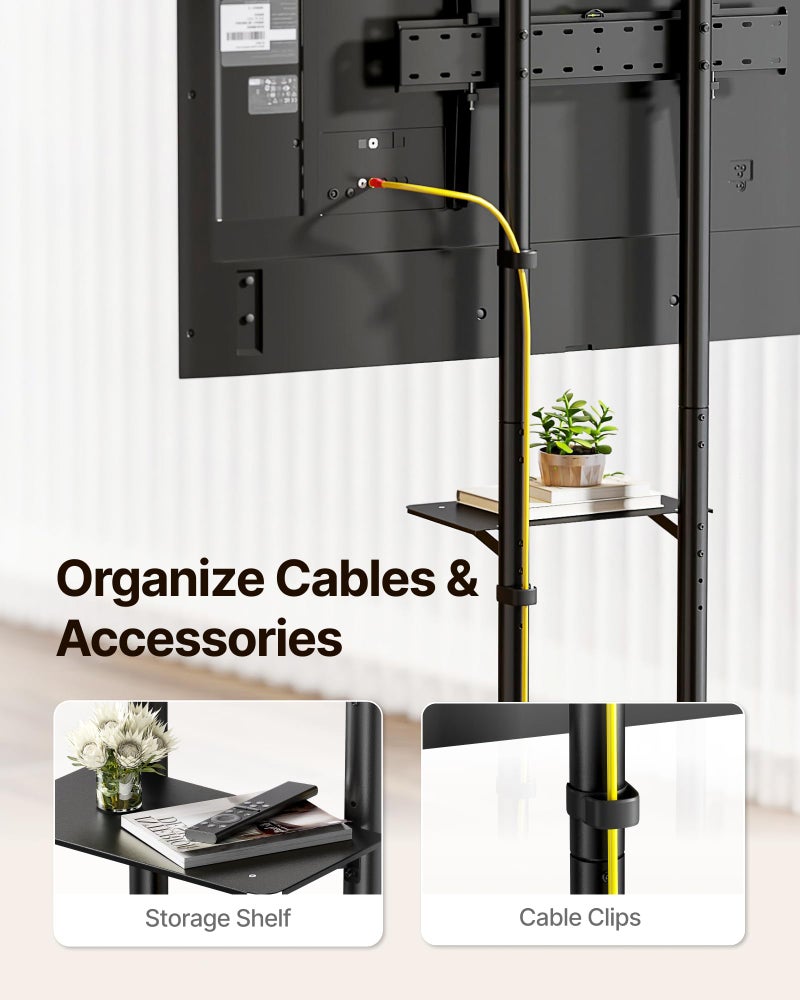 ECOTINY Heavy-Duty Rolling TV Stand for 32â€“85" Screens â€” Supports 187 lbs (154 lbs TV + 33 lbs Shelf), Stable Mobile TV Cart with Storage Tray & Locking Wheels, Floor TV Stand, Max VESA 600x400, Black - Image 5