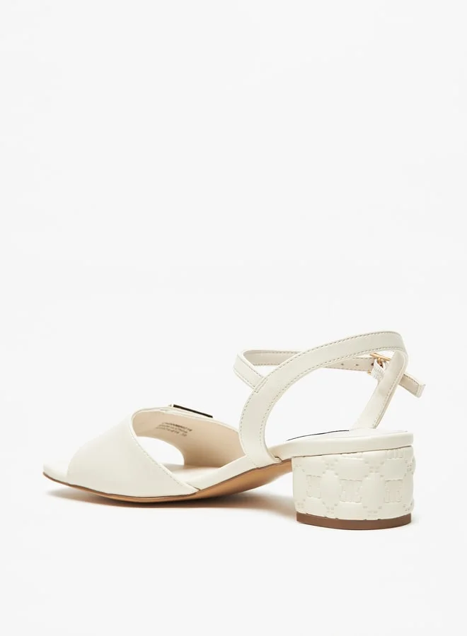 ELLE Women's Monogram Detail Ankle Strap Sandals with Block Heels