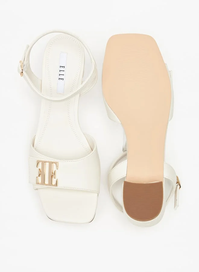 ELLE Women's Monogram Detail Ankle Strap Sandals with Block Heels