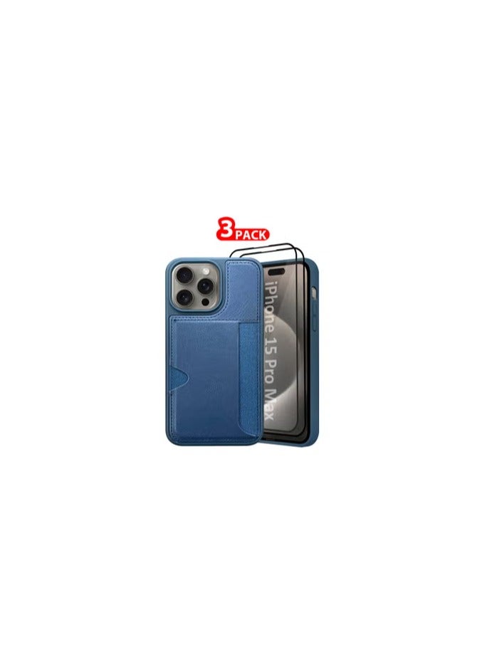 CATANES iPhone 15 Pro Max 3Packs Case Leather Antifingerprint Cover with Wallet Card Slot Shell, Side Insert Card Holder, Anti Fall Protection - Blue  - Image 1