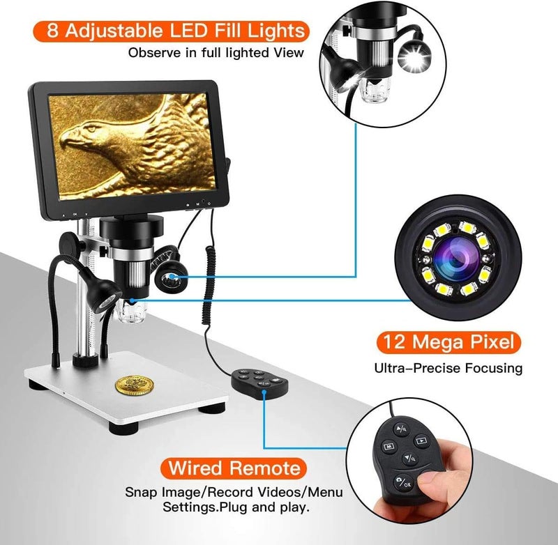ETZIN DM9 7" LCD Digital Microscope 1200X, 1080P Coin Micro-Scope Magnifier,12MP Soldering Microscope with Wired Remote, Ultra-Precise Focusing Video Camera with 8 LED Fill Lights - Image 4