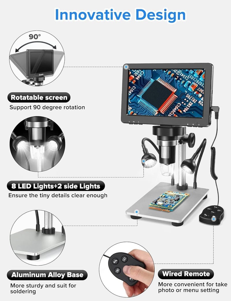 ETZIN DM9 7" LCD Digital Microscope 1200X, 1080P Coin Micro-Scope Magnifier,12MP Soldering Microscope with Wired Remote, Ultra-Precise Focusing Video Camera with 8 LED Fill Lights - Image 2