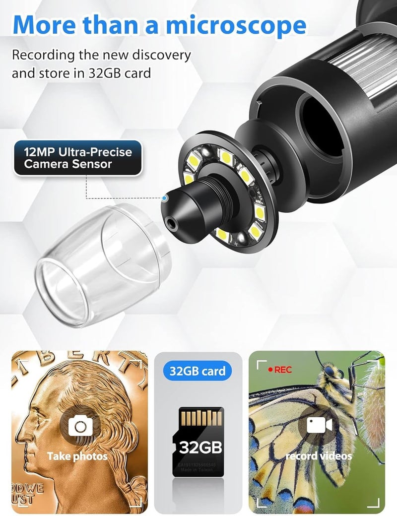 ETZIN DM9 7" LCD Digital Microscope 1200X, 1080P Coin Micro-Scope Magnifier,12MP Soldering Microscope with Wired Remote, Ultra-Precise Focusing Video Camera with 8 LED Fill Lights - Image 3
