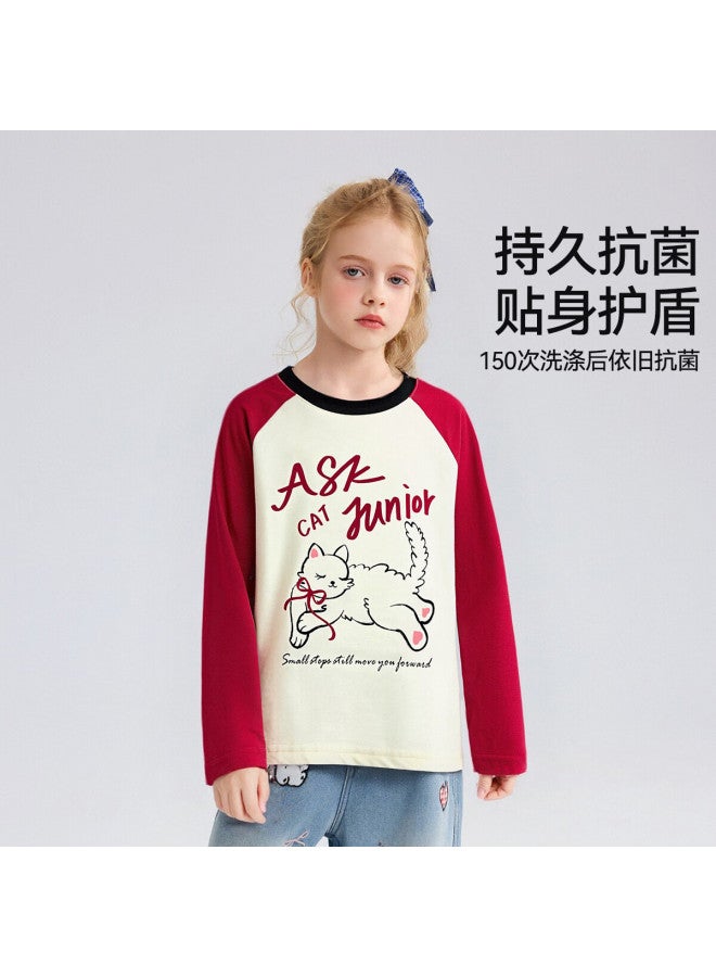 Ask Junior 7a Antibacterial Kids Colorblock Long Sleeve T-shirt Spring Cotton Base Layer Girls Beige Red Splice Size 120