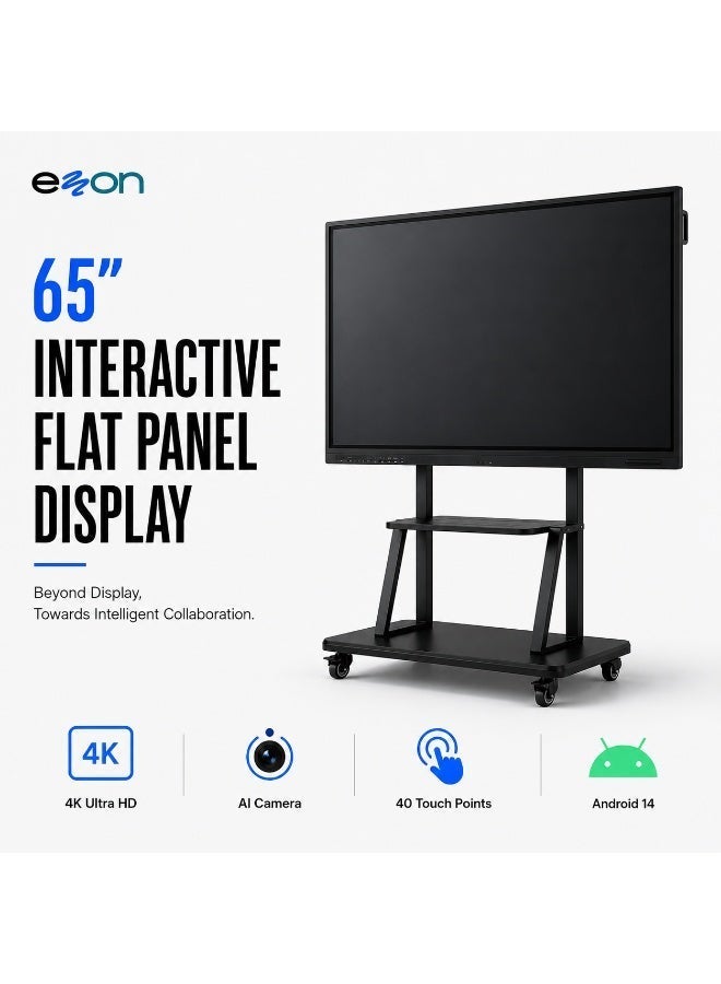 إيزون شاشة عرض تفاعلية مسطحة eZon مقاس 65 بوصة، سبورة ذكية بدقة 4K UHD، تعمل بنظام Android 14، مزودة بذاكرة RAM سعة 8 جيجابايت، وسعة تخزين 128 جيجابايت، وكاميرا ذكاء اصطناعي بدقة 48 ميجابكسل، ومصفوفة من 8 ميكروفونات، وشاشة تعمل باللمس مخصصة لغرف الاجتماعات والفصول الدراسية. - Image 1