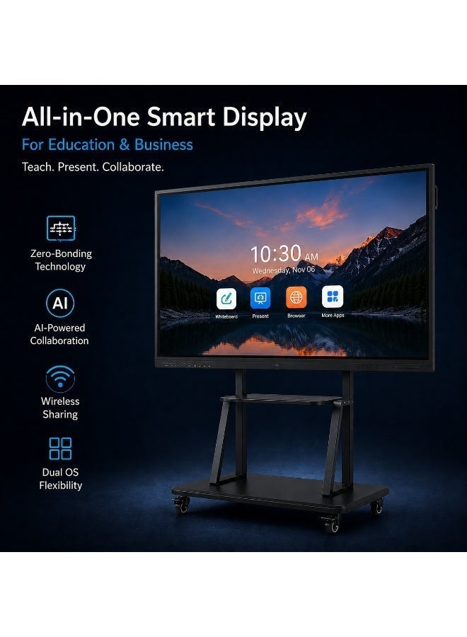 إيزون شاشة عرض تفاعلية مسطحة eZon مقاس 65 بوصة، سبورة ذكية بدقة 4K UHD، تعمل بنظام Android 14، مزودة بذاكرة RAM سعة 8 جيجابايت، وسعة تخزين 128 جيجابايت، وكاميرا ذكاء اصطناعي بدقة 48 ميجابكسل، ومصفوفة من 8 ميكروفونات، وشاشة تعمل باللمس مخصصة لغرف الاجتماعات والفصول الدراسية. - Image 2