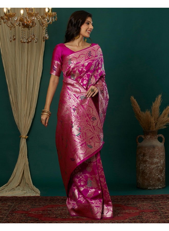 SIRIL Women's Banarasi Silk Blend Saree | kanjivaram Weaving Sari With Unstitched Blouse Piece (4100S736_Magenta) - Image 2