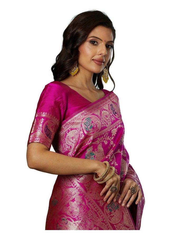 SIRIL Women's Banarasi Silk Blend Saree | kanjivaram Weaving Sari With Unstitched Blouse Piece (4100S736_Magenta) - Image 1