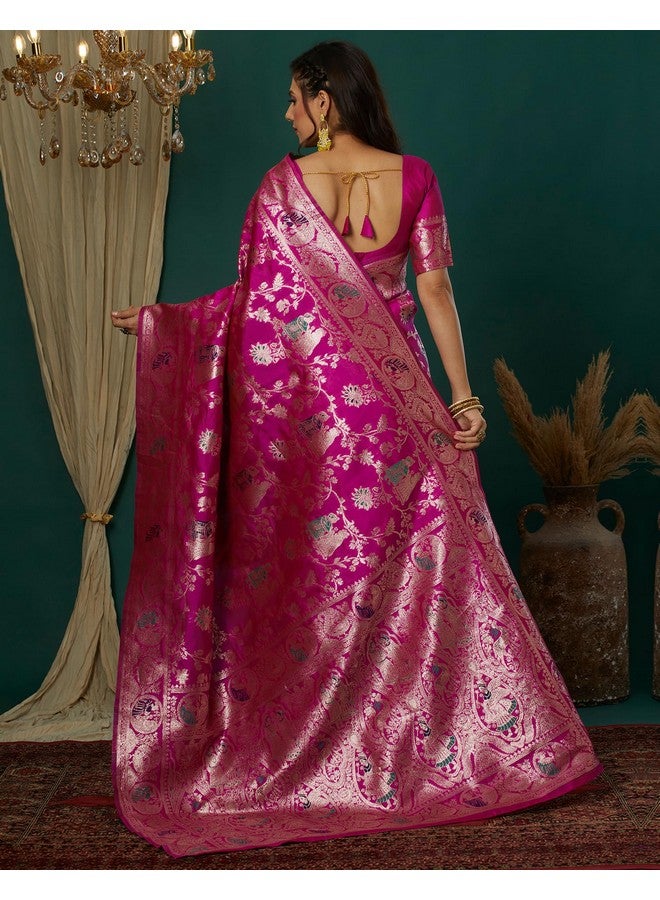 SIRIL Women's Banarasi Silk Blend Saree | kanjivaram Weaving Sari With Unstitched Blouse Piece (4100S736_Magenta) - Image 4