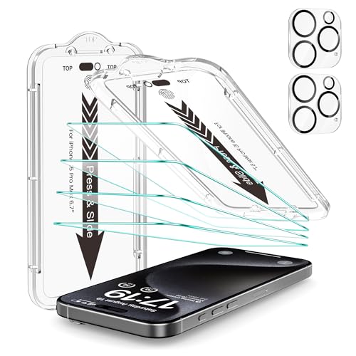 EZ-GLAZ 4-Pack Screen Protectors for iPhone 15 Pro Max[6.7"] Transparent HD Clear with Flawless Fit Kit + 2-Pack Camera Lens Protector, 15-Second Bubble-Free Installation, 9H Hardness, 12FT Military Grade Shatterproof, Scratch Resistant, Tempered Glass - Image 1
