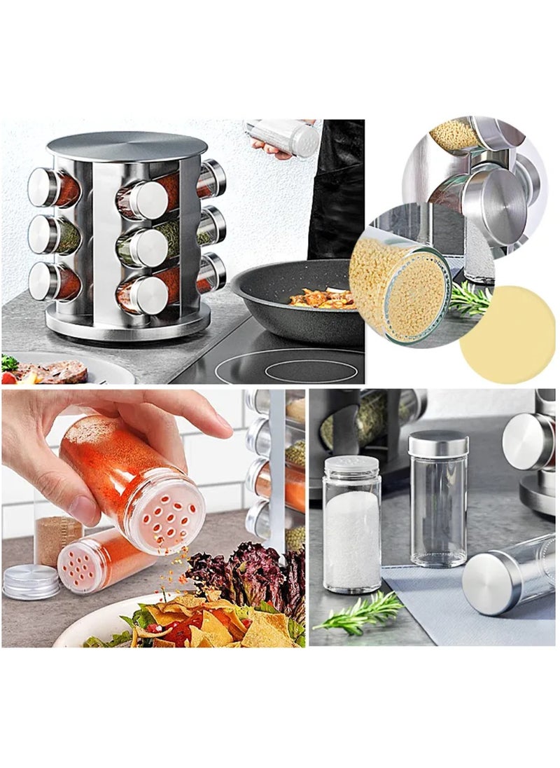 HEXAR - Stainless Steel Revolving Spice Rack Set with 12 Spice Jars Spice Rack Tower Organizer for Countertop or Cabinet Standing Seasoning Tower for Kitchen 360° Rotating Spice Carousel (12 JARS) - Image 1