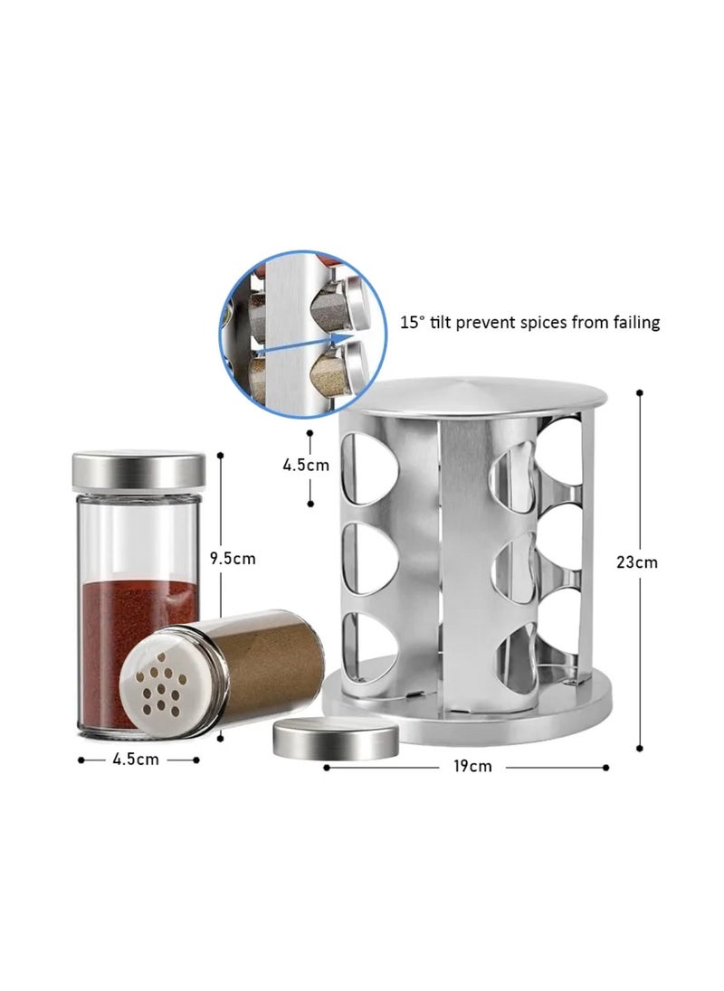 HEXAR - Stainless Steel Revolving Spice Rack Set with 12 Spice Jars Spice Rack Tower Organizer for Countertop or Cabinet Standing Seasoning Tower for Kitchen 360° Rotating Spice Carousel (12 JARS) - Image 1