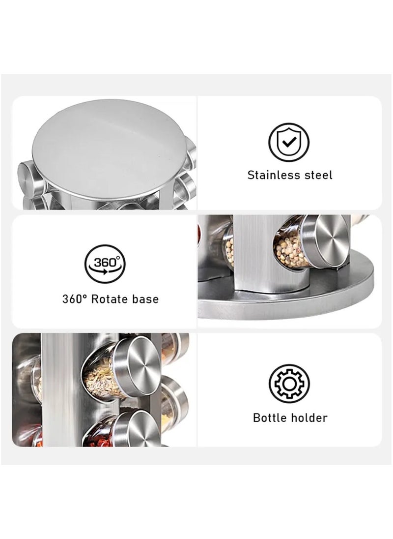 HEXAR - Stainless Steel Revolving Spice Rack Set with 12 Spice Jars Spice Rack Tower Organizer for Countertop or Cabinet Standing Seasoning Tower for Kitchen 360° Rotating Spice Carousel (12 JARS) - Image 1