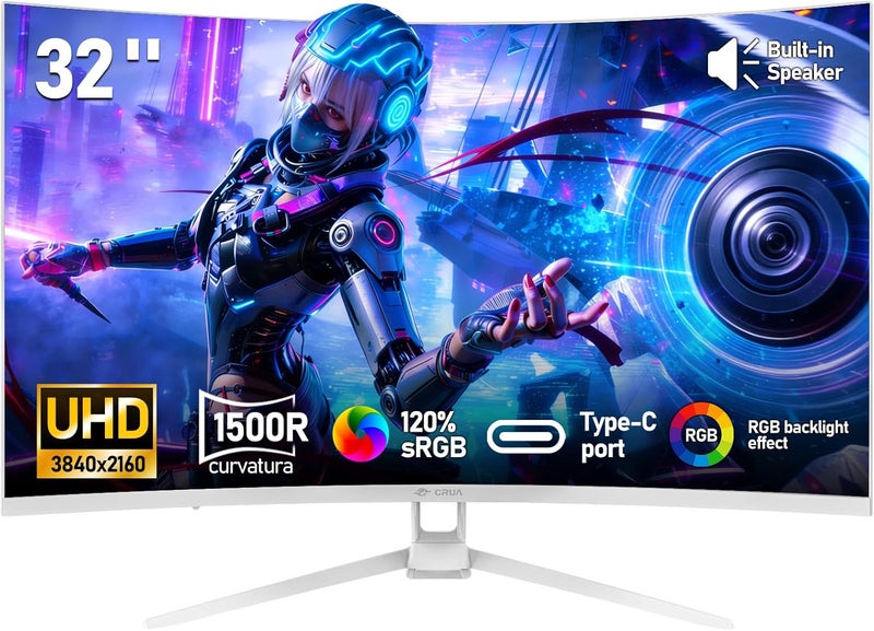 CRUA شاشة ألعاب 32 بوصة 4K 60Hz، دقة UHD (3840x2160) منحنية 1500R، منفذ Type-C، 120% sRGB، مكبر صوت مدمج، إضاءة خلفية RGB، مناسبة للمكتب المنزلي والاستخدام التجاري والصور - أبيض - Image 1