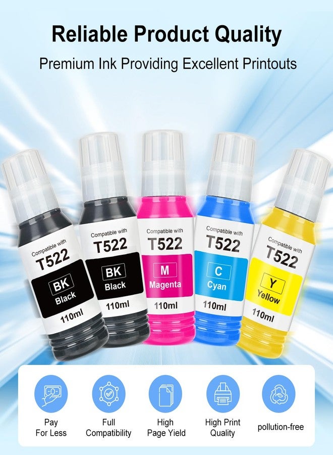OFCINK 522 High Capacity (5 Bottles) Ink Refill Bottles Remanufactured for Epson 522 EcoTank Ink Use for EcoTank ET-2800, ET-4800, ET-2400, ET-2803, ET-2720, ET-2840, ET-4700 (550ML, Not Sublimation Ink) - Image 5