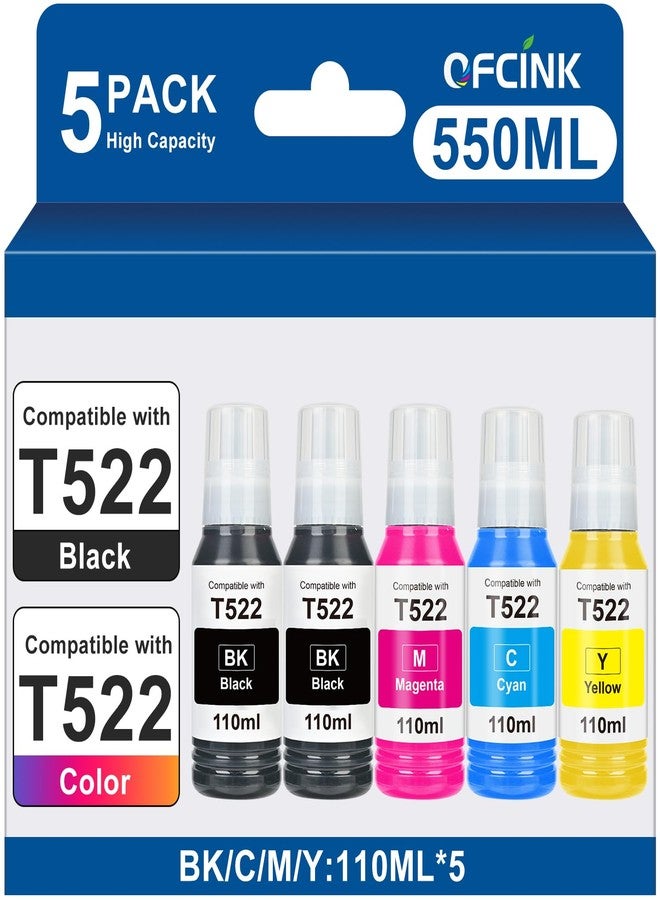 OFCINK 522 High Capacity (5 Bottles) Ink Refill Bottles Remanufactured for Epson 522 EcoTank Ink Use for EcoTank ET-2800, ET-4800, ET-2400, ET-2803, ET-2720, ET-2840, ET-4700 (550ML, Not Sublimation Ink) - Image 1