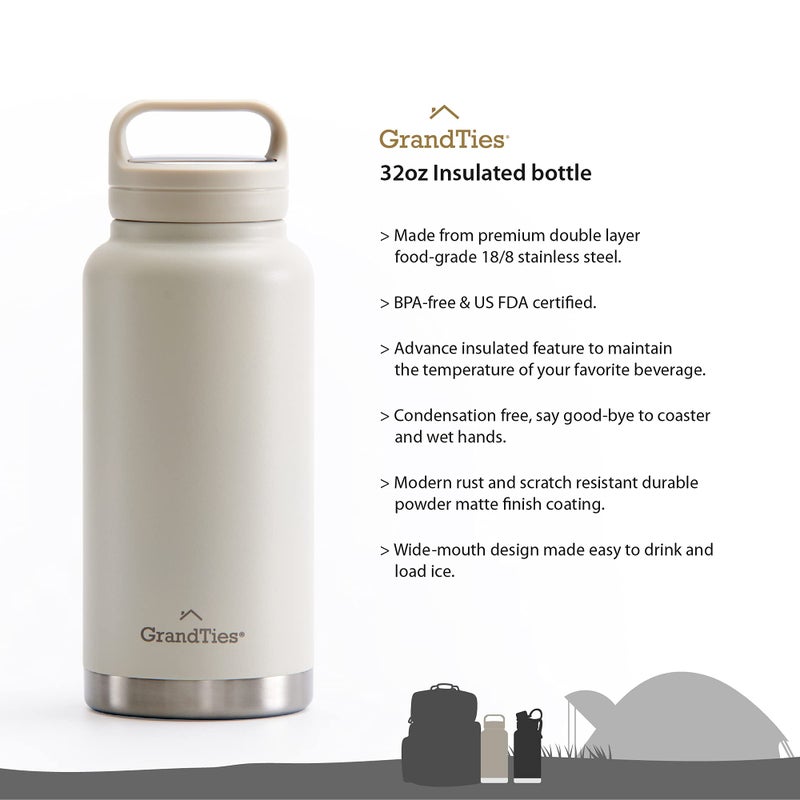GrandTies 2 Lids Sports Stainless Steel Water Bottle- 32oz  Reusable Wide Mouth Vacuum Insulated Water Bottles  Travel Metal Canteen  Coldest Water bottle for Men and Women- Ivory White - Image 3