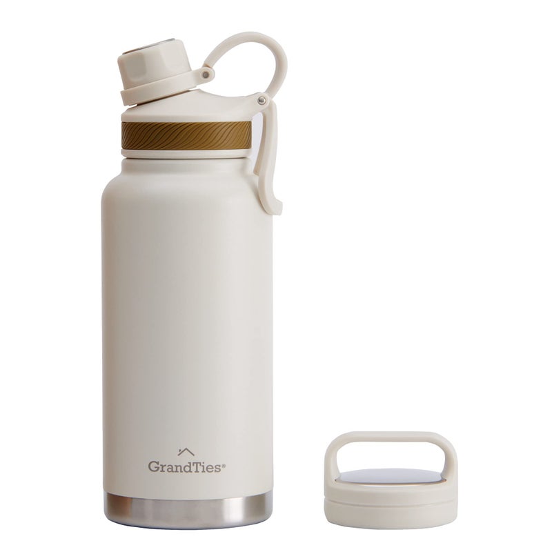 GrandTies 2 Lids Sports Stainless Steel Water Bottle- 32oz  Reusable Wide Mouth Vacuum Insulated Water Bottles  Travel Metal Canteen  Coldest Water bottle for Men and Women- Ivory White - Image 2