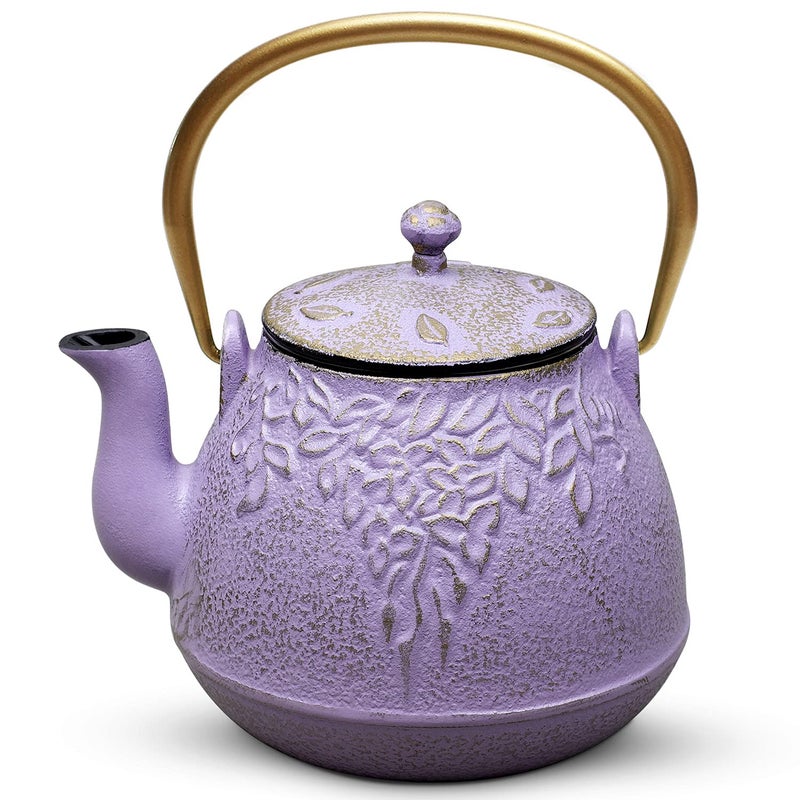 Tea Kettle TOPTIER Japanese Cast Iron Teapot with Stainless Steel Infuser Cast Iron Tea Kettle Stovetop Safe Leaf Design Teapot Coated with Enameled Interior for 40 Ounce 1200 ml Purple