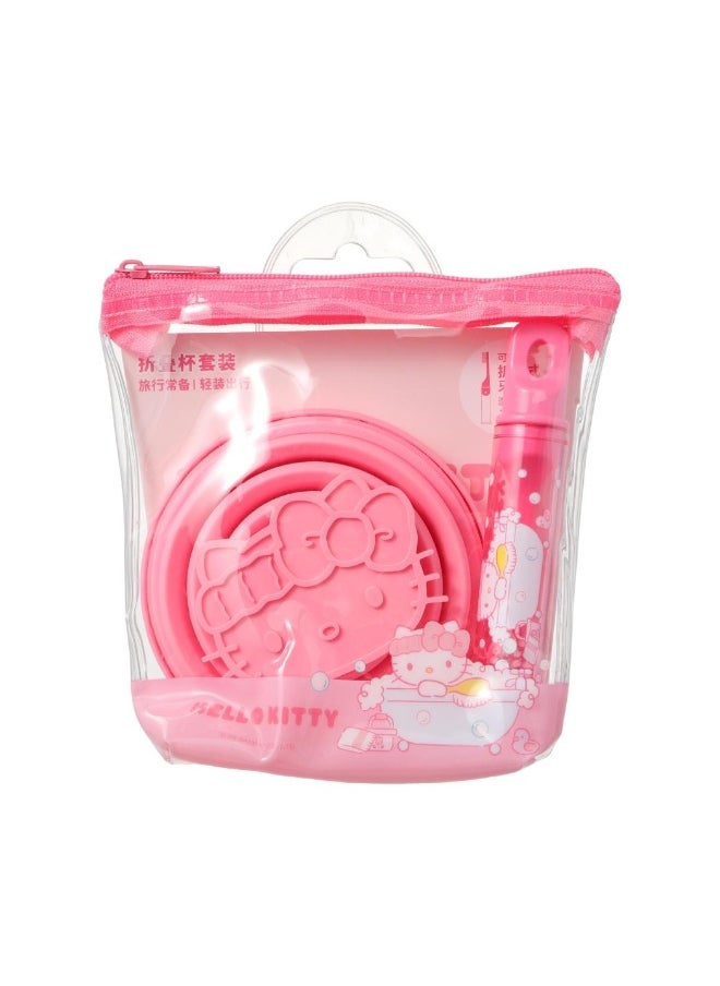Miniso - Keep your oral hygiene essentials organized with this Hello Kitty-themed foldable toothbrush and bathroom cup set. - Image 1
