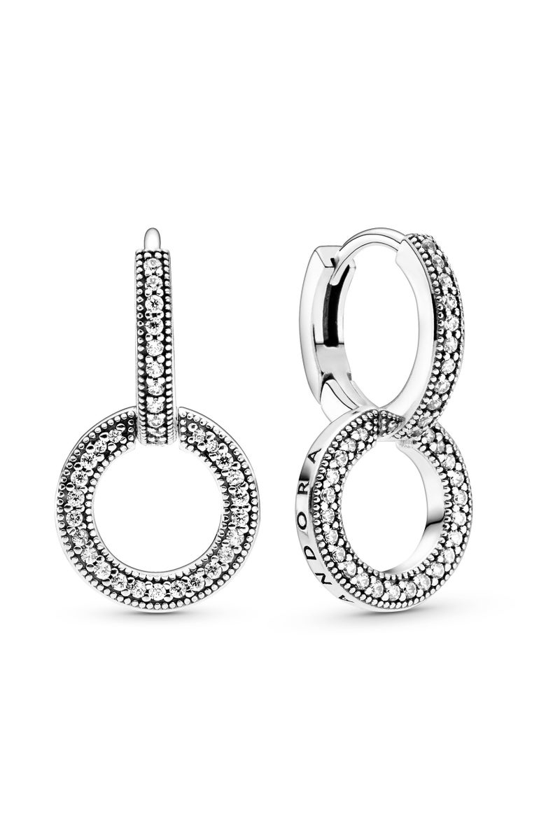 PANDORA Logo And Circles Sterling Silver Hoop Earrings with Clear Cubic Zirconia - Image 3