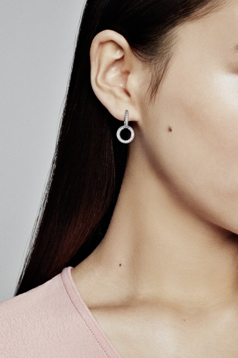 PANDORA Logo And Circles Sterling Silver Hoop Earrings with Clear Cubic Zirconia - Image 2