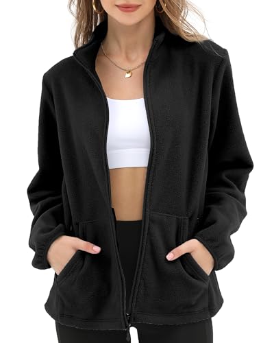 Argstar Fleece Jacket for Women, Lightweight Full Zip Classic Soft Casual Recreation Coat with Zipper Pockets Black L - Image 4