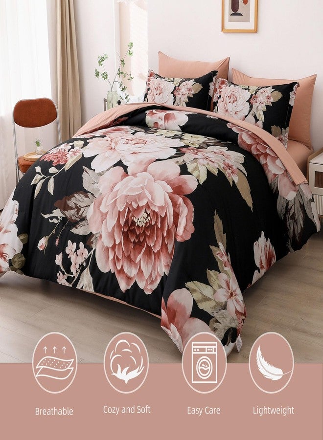 Dintszyayue Black Comforter Set King Size 7 Pieces Pink Floral Bed in a Bag, Complete Bedding Sets Elegant Flower Bed Set Soft Comforter for All Season with Flat Sheet, Fitted Sheets, Pillowcases & Shams - Image 3