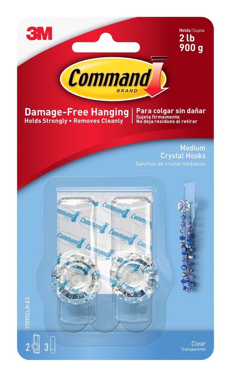 Command Medium Crystal Hook, Holds up to 2 lb, 2 Wall Hooks with 3 Strips, Damage-Free Hanging on Walls, Doors, Cabinets, and Cloest for Jewelry and Accessories - Image 1