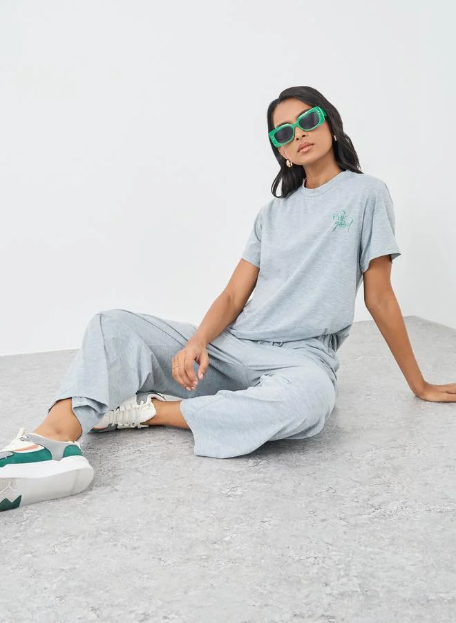 Take Two Take Two Grey Slogan Print T-Shirt and Pants Co-Ords