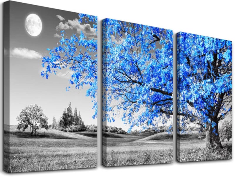 TTHWALLART Wall Art For Living Room black and white Blue tree moon Canvas Decor Home artwork Painting 12" x 16" 3 Pieces Print bedroom Modern Salon kitchen office Hang a picture