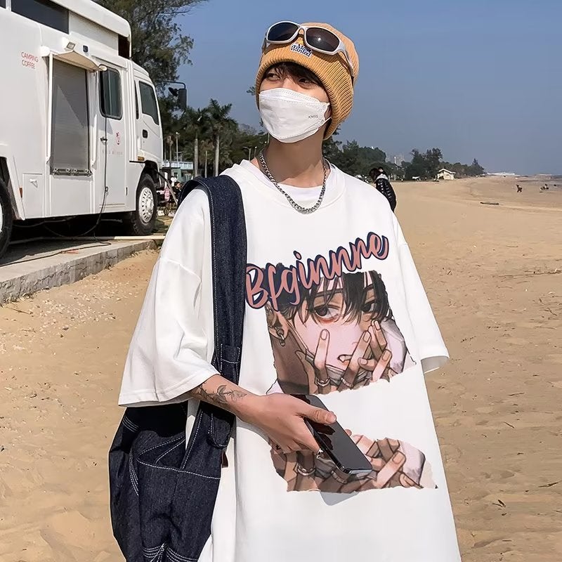 Japanese Anime T-Shirt Men'S Summer Fashion Brand Trendy American Hiphop Three-Quarter Sleeve Clothes Plus Size Fog High Street Short Sleeve - Image 3