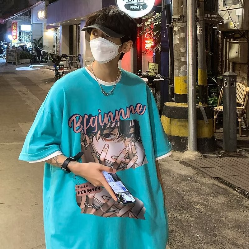 Japanese Anime T-Shirt Men'S Summer Fashion Brand Trendy American Hiphop Three-Quarter Sleeve Clothes Plus Size Fog High Street Short Sleeve - Image 1
