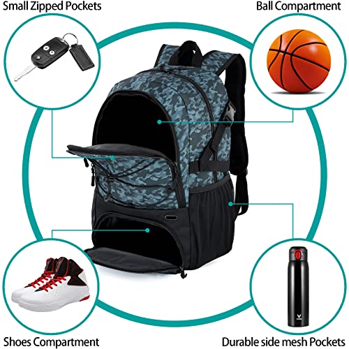 WOLT | Basketball Equipment Backpack, Large Sports Bag with Separate Ball Holder & Shoes Compartment, Gifts for Basketball, Soccer, Volleyball,Gym (Camouflage Grey) - Image 3