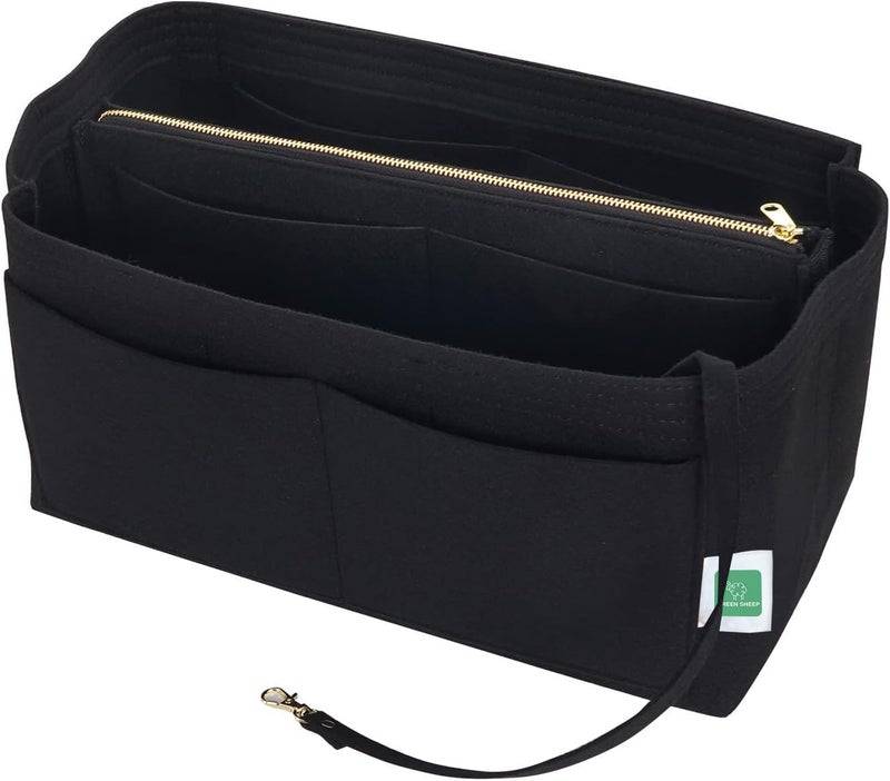 GREENSHEEP Purse Organizer Insert for Handbags, Premium Felt Organizer with Zipper Pocket (Medium, Black) - Image 1