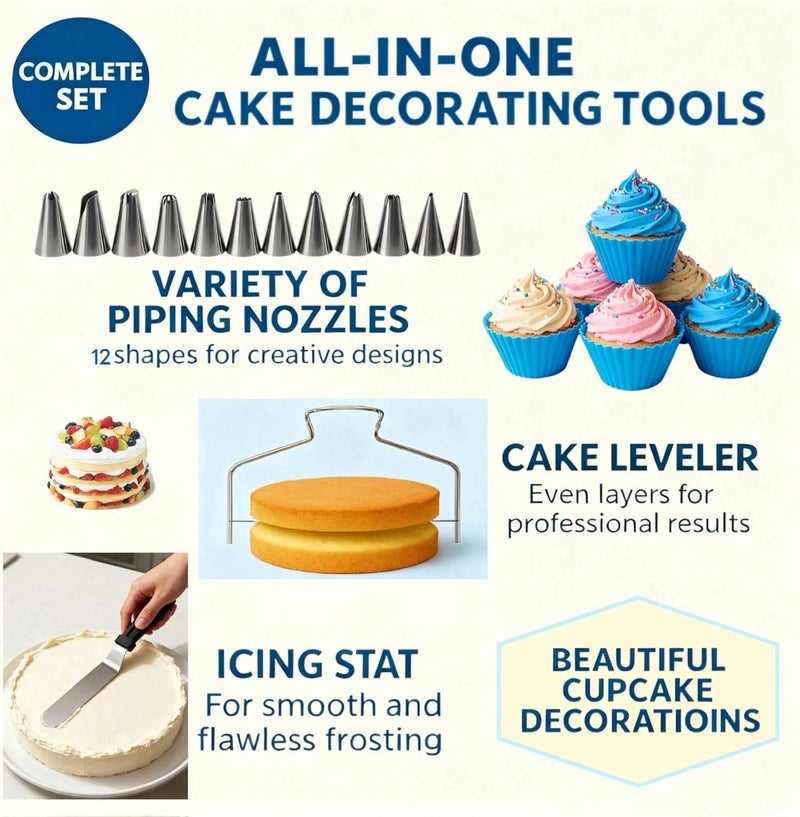 Yindess 82 Pcs Cake Decorating Kit with Non-Slip Turntable, Stand,Leveler, 12 Piping Nozzles, Spatulas,Cupcake, 2 Reusable & 50 Disposable Bags,Complete Starter Set for Beginners & Home Bakers - Image 5