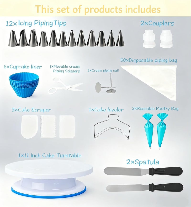 Yindess 82 Pcs Cake Decorating Kit with Non-Slip Turntable, Stand,Leveler, 12 Piping Nozzles, Spatulas,Cupcake, 2 Reusable & 50 Disposable Bags,Complete Starter Set for Beginners & Home Bakers - Image 4