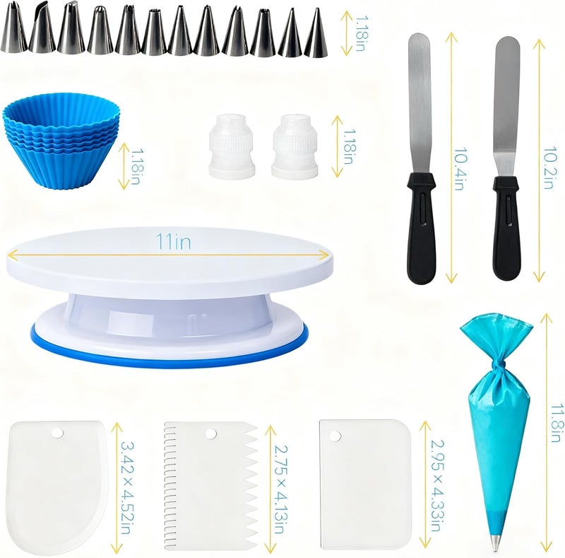 Yindess 82 Pcs Cake Decorating Kit with Non-Slip Turntable, Stand,Leveler, 12 Piping Nozzles, Spatulas,Cupcake, 2 Reusable & 50 Disposable Bags,Complete Starter Set for Beginners & Home Bakers - Image 2
