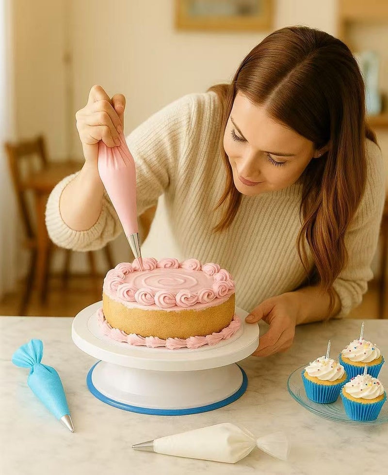 Yindess 82 Pcs Cake Decorating Kit with Non-Slip Turntable, Stand,Leveler, 12 Piping Nozzles, Spatulas,Cupcake, 2 Reusable & 50 Disposable Bags,Complete Starter Set for Beginners & Home Bakers - Image 3