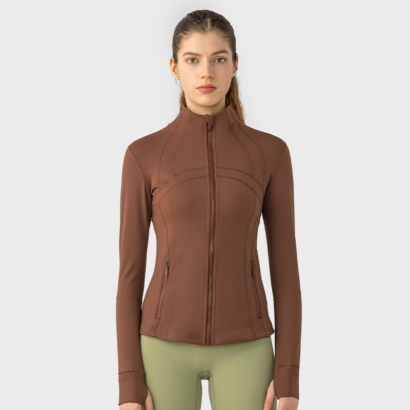 Generic New Womens Fitness Jacket Slim Fit Stretchy Sports Coat Long Sleeve Z18031 Cocoa color 