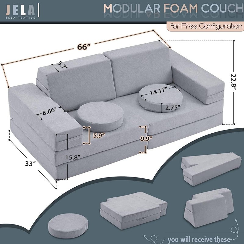 Jela Kids Floor Couch 10PCS Luxury, Modular Furniture for Adults, Playhouse Play Set for Toddlers Babies, Foam Play Sofa (Classic, Moonlight Grey) - Image 2