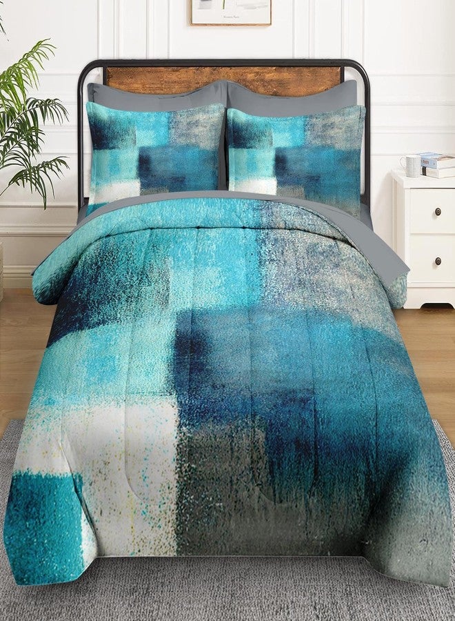 WeCozy 7 Pcs Full Size Comforter Set with 2 Pillowcases & 2 Shams, Turquoise Grey Painting Bedding for Kids and Adults, Teal Contemporary Gray Bed in a Bag with Flat Fitted Sheet - Image 2