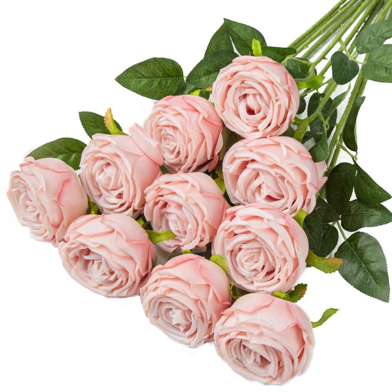 Coferset 10 Pcs Fake RosesArtificial Silk Rose Flowers with Long StemsRealistic Faux Roses for Vase Home Wedding Table Centerpieces Baby Shower Decor Blush