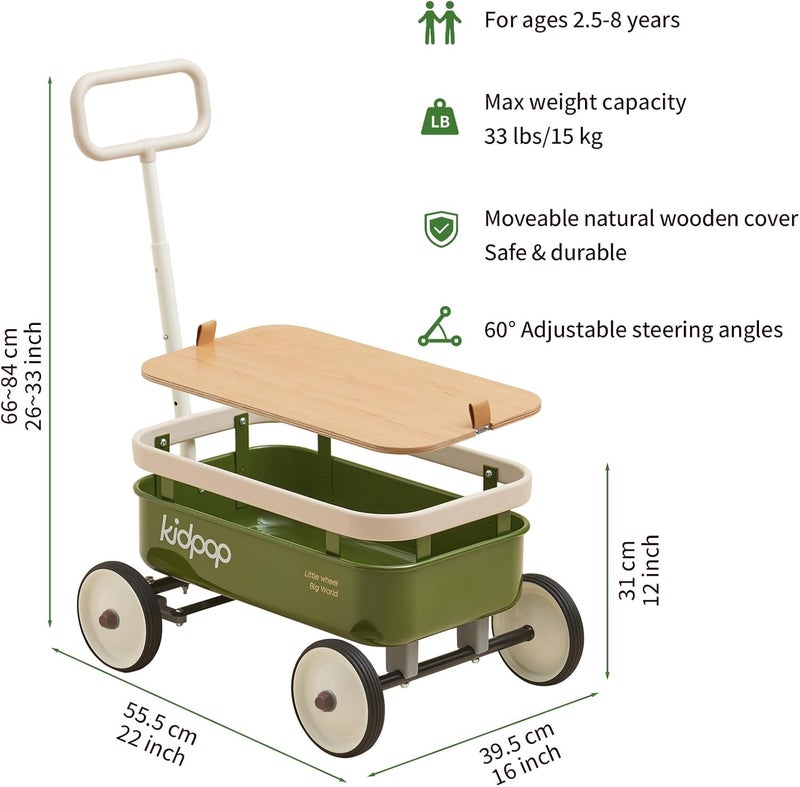 Kidpop PULA-Wild 3-in-1 Kids' Pull-Along Wagon Toddlers Push Walker for 2.5-8, Removable Wooden Cover and Adjustable Handlebar, Birthday Gifts Max Weight 33 lbs (Green) - Image 2